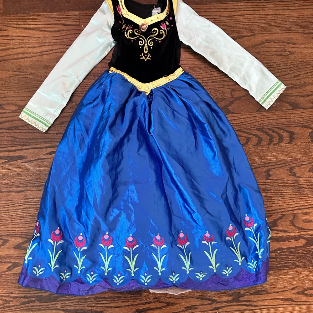 Disney Christmas Princess Anna Frozen Girls SZ 5-6 Blue Black Floral Costume